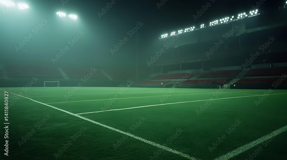 Fototapeta premium Empty Soccer Stadium at Night, Foggy Atmosphere