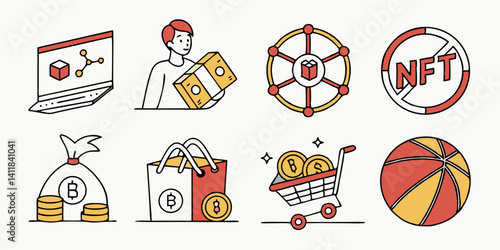 Vector Cartoon Crypto Blockchain NFT Digital Assets E-commerce Icons Illustration