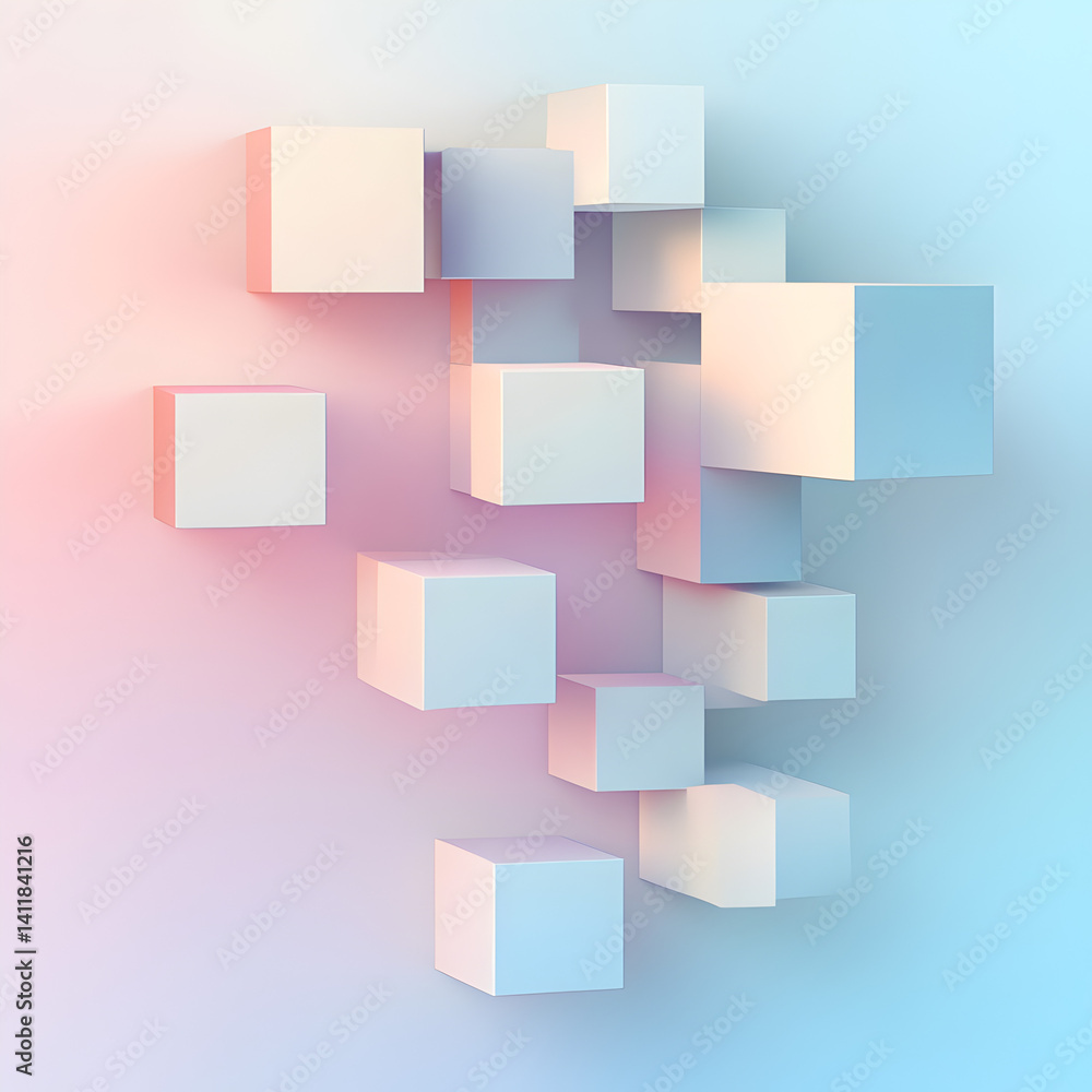 Geometric Abstraction: A minimalist composition of white cubes floats against a soft, gradient backdrop, casting subtle shadows. Geometric Abstraction: A minimalist composition of white cubes floats against a soft, gradient backdrop, casting subtle shadows.