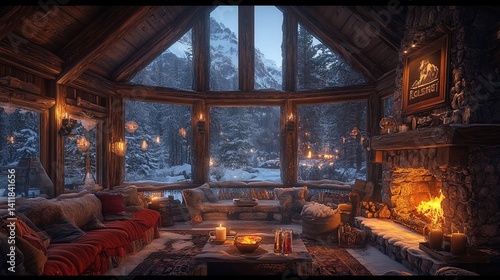 A rustic snow lodge interior with a roaring fire, hot drinks, and frost-covered windows