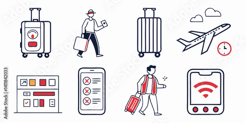 Airport Travel Suitcase Plane Phone Wifi Vector Line Art