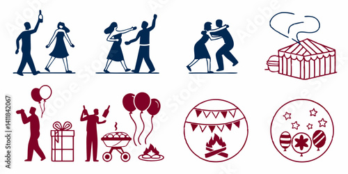 Party Celebration Vector Icons Dancing People Tent Balloons Gifts Food Bonfire Decorations Event Festival Icon Set