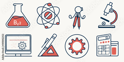 Flat Vector STEM Education Icons: Science Technology Engineering Math Tools Beaker Atom Compass Microscope Computer Pencil Gear Calculator