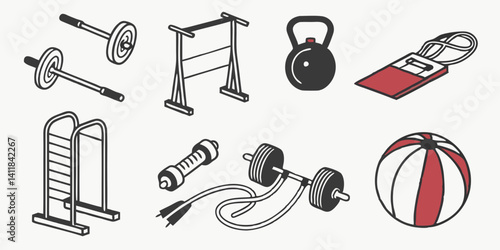 Gym Equipment Line Art Vector Illustration: Fitness Workout Set