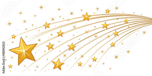 Golden Star Trail   Illustration of Shooting Stars with Clock Star, Isolated on Transparent Background, New Year, Celebration, Star, Gold, New Year's Eve