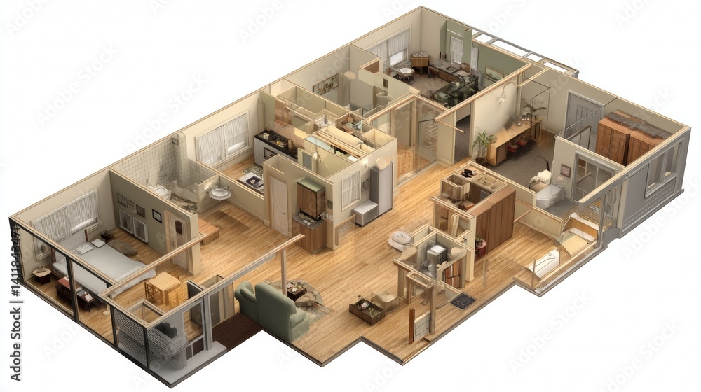 3d interior rendering perspective view of furnished home apartment: room, bathroom, bedroom, kitchen, living-room, hall, entrance, door, window,
