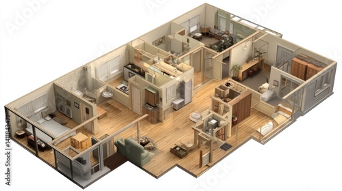 Obraz na płótnie 3d interior rendering perspective view of furnished home apartment: room, bathroom, bedroom, kitchen, living-room, hall, entrance, door, window, w salonie