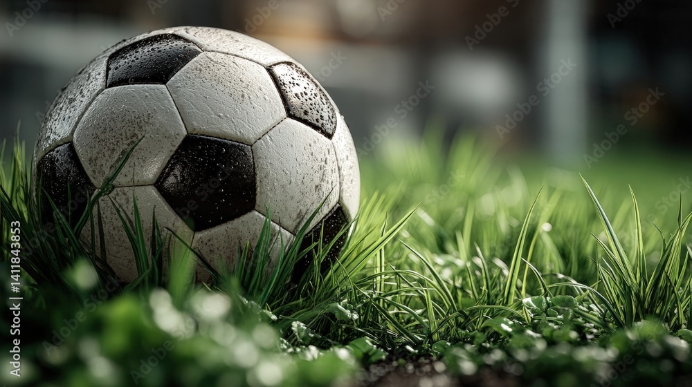 Fototapeta premium Close-Up of a Weathered Soccer Ball Amidst Lush Green Grass in a Natural Setting