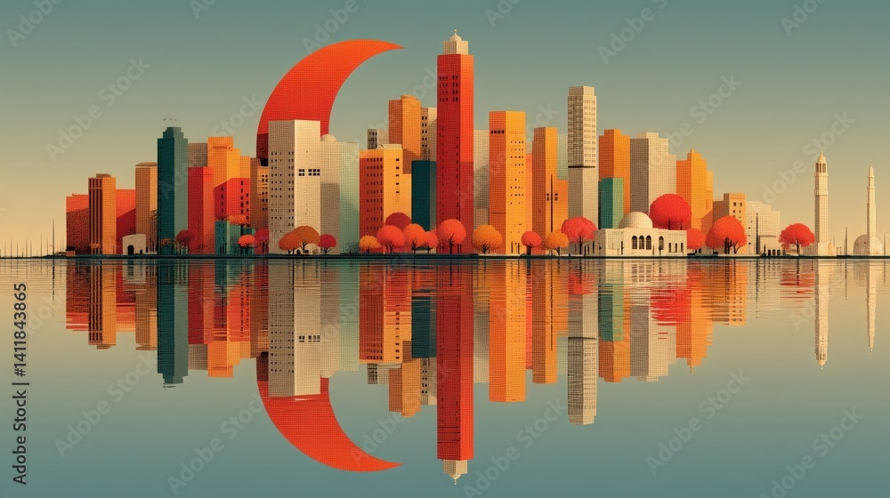 Obraz premium Abstract Cityscape with Colorful Buildings and Trees Reflected in Calm Water at Sunset