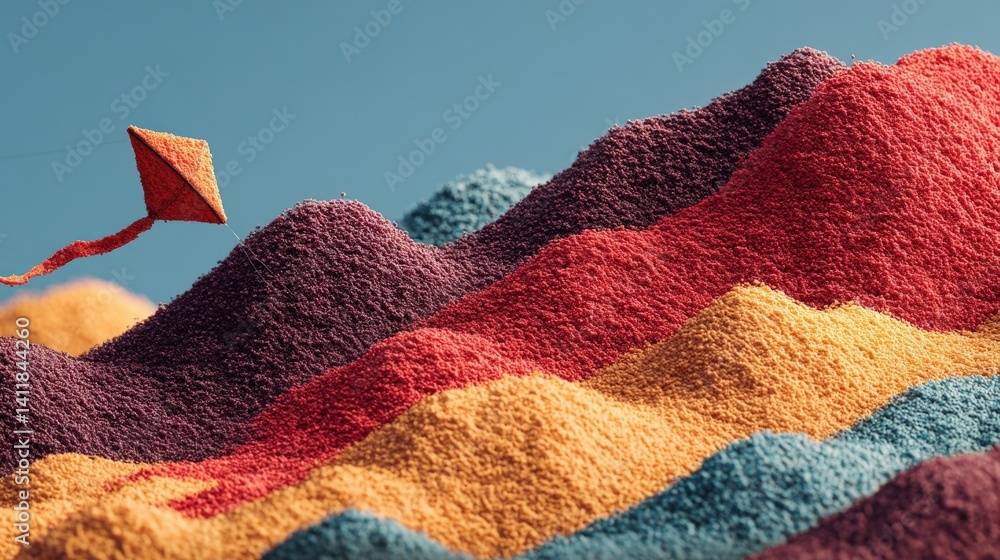 Fototapeta premium Colorful Sand Hills with a Kite in a Vibrant and Playful Landscape Scene for Creative Projects