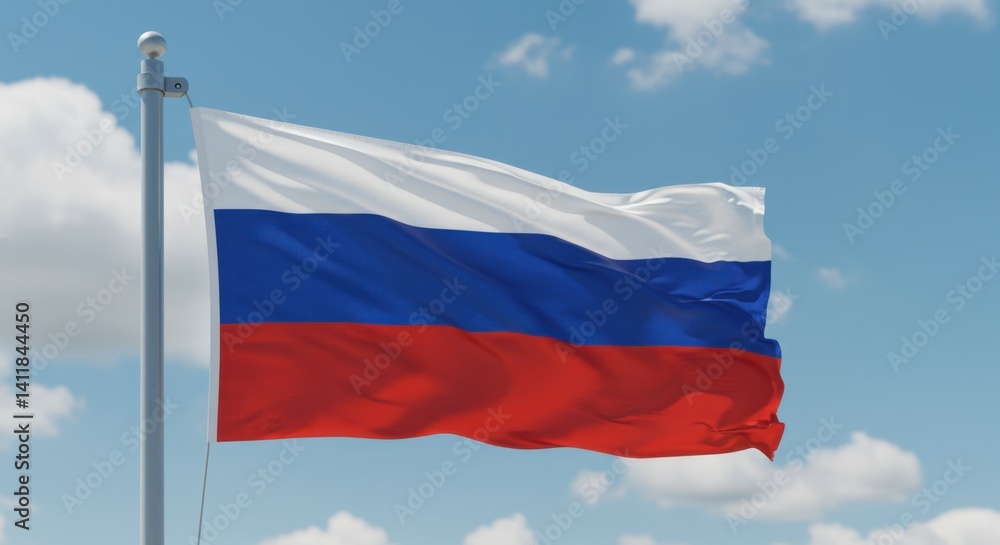 Russian Federation Flag Waving Proudly Under a Bright Blue Sky Russian Federation Flag Waving Proudly Under a Bright Blue Sky
