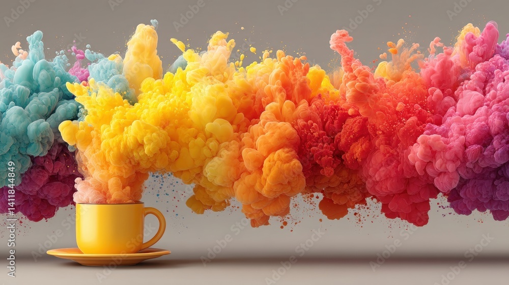 Fototapeta premium Vibrant Colorful Smoke Explosion from Yellow Cup Creating a Dynamic Visual Impact