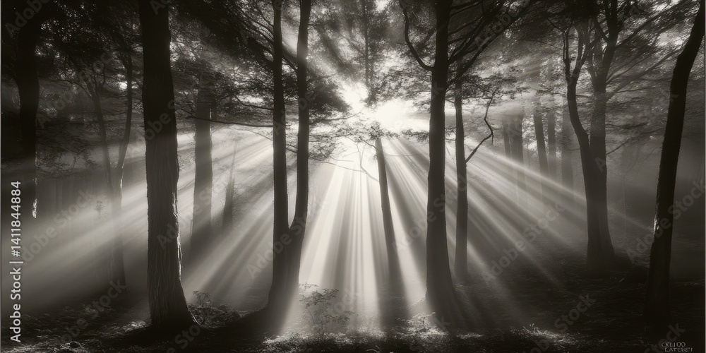 Obraz premium Dark Light. Foggy Forest Awakened by Rays of Light in Marin County, California Landscape