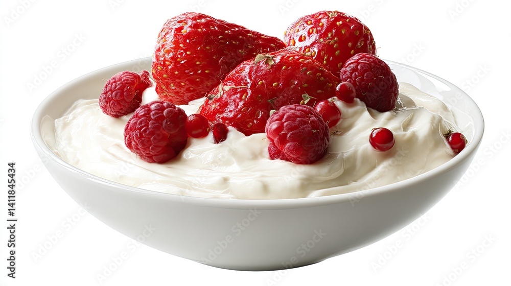 White background, close-up of a bowl with soft cream and fresh strawberries on top, a few raspberries beside the bowl White background, close-up of a bowl with soft cream and fresh strawberries on top, a few raspberries beside the bowl