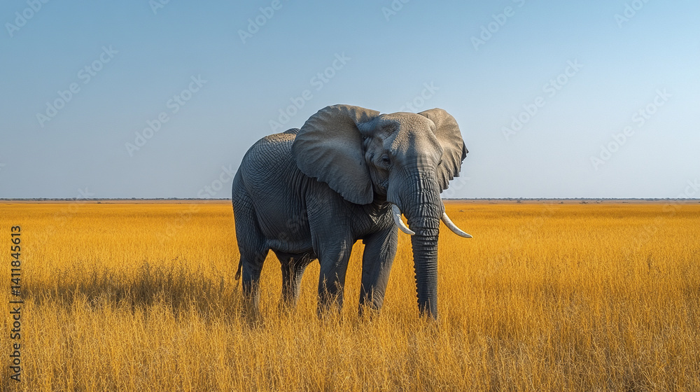Obraz premium Elephant in natural habitat surrounded by vast dry grassland