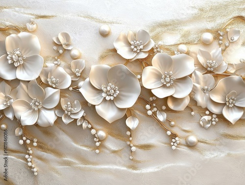 Delicate 3D white and gold flowers bloom against a luxurious, textured backdrop, evoking a sense of opulence and sophistication. The intricate details of the design.