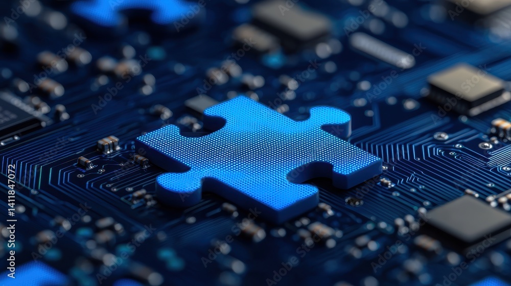 Blue Puzzle Piece on a Circuit Board Background Representing Technology and Connection in Digital Age Blue Puzzle Piece on a Circuit Board Background Representing Technology and Connection in Digital Age