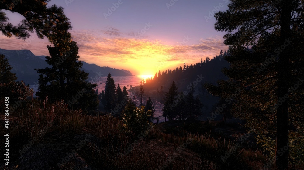 Naklejka premium Mountain Sunrise Over Valley - Scenic Viewpoint