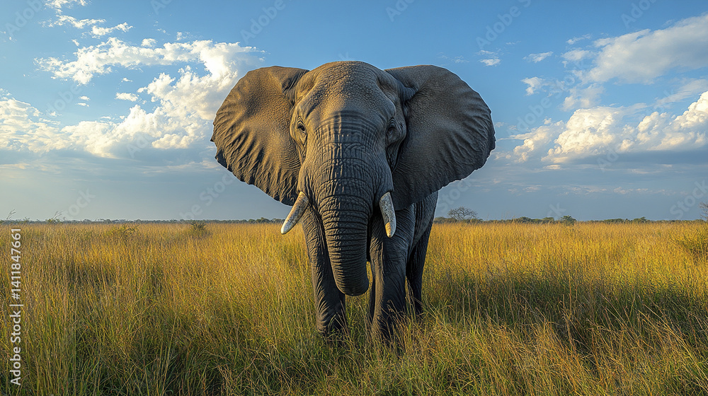 Naklejka premium Elephant standing in green grass under blue sky with clouds