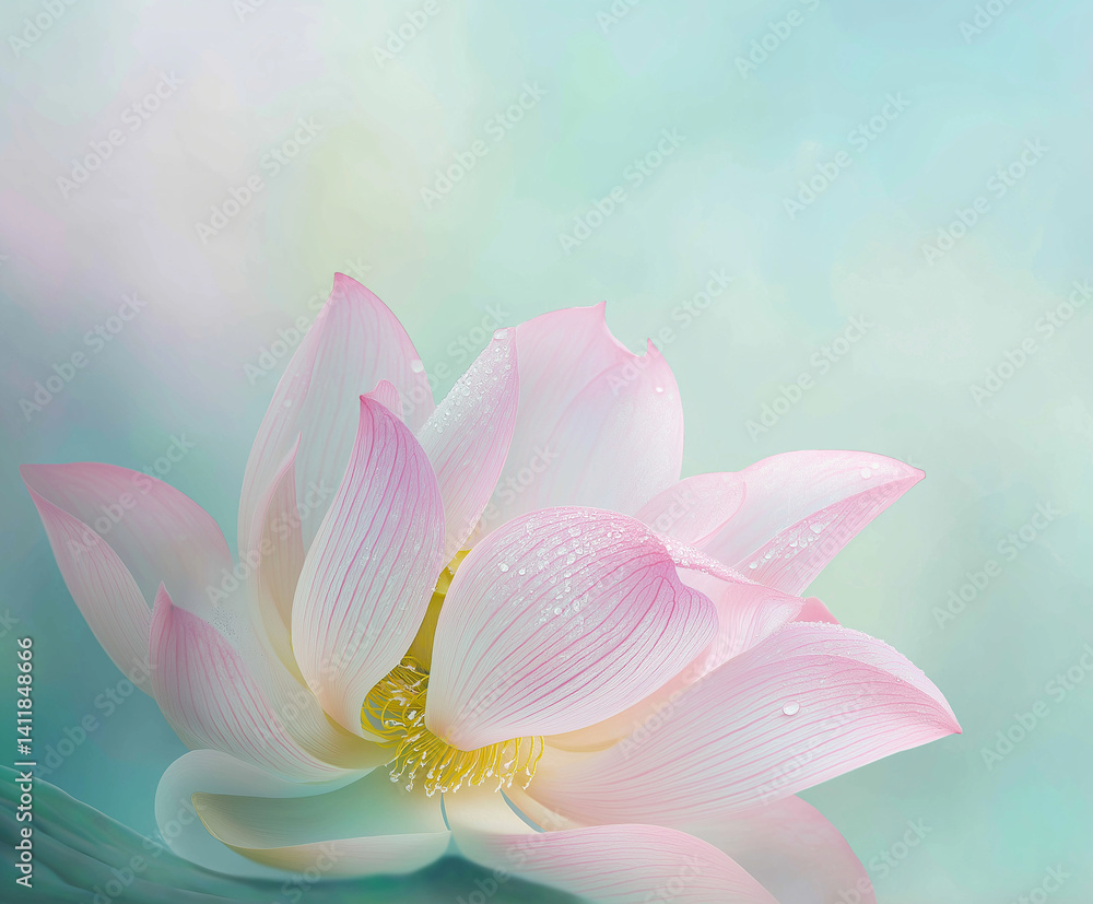 Fototapeta premium close-up of a lotus flower, showcasing its delicate petals in soft shades of pink and white. The petals are adorned with tiny water droplets