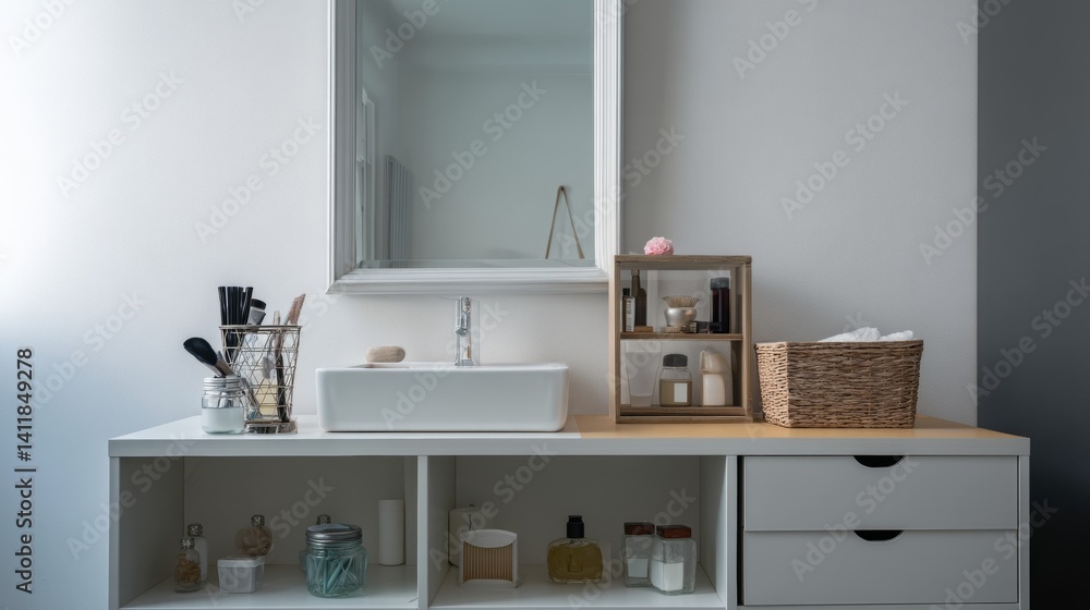 Shelving unit and chest of drawers near white wall in interior of bathroom