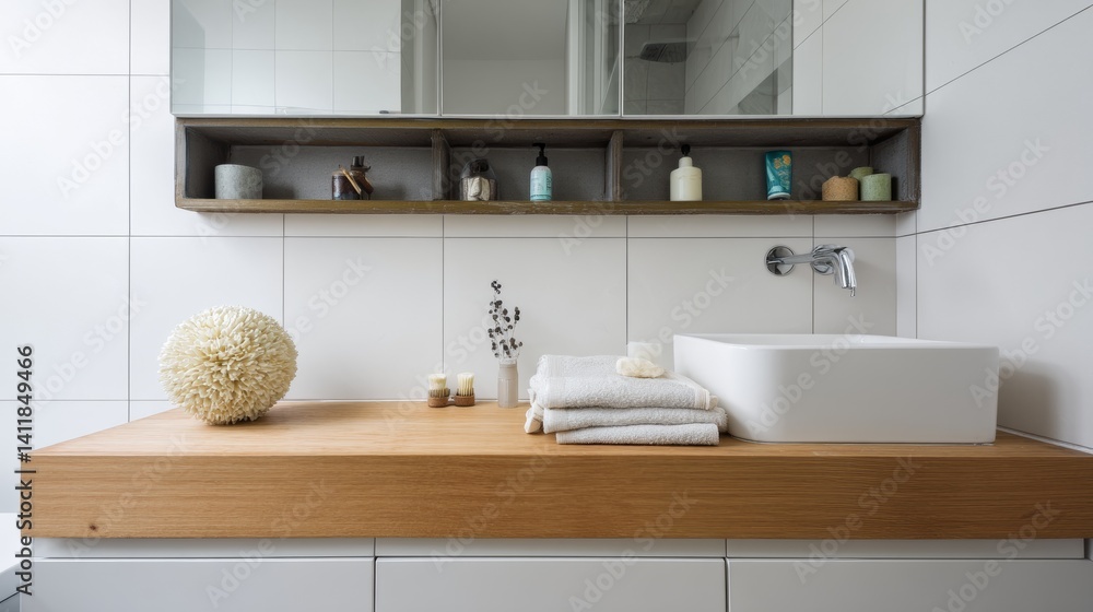 Shelving unit and chest of drawers near white wall in interior of bathroom