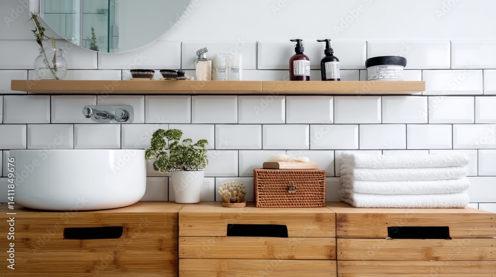 Shelving unit and chest of drawers near white wall in interior of bathroom