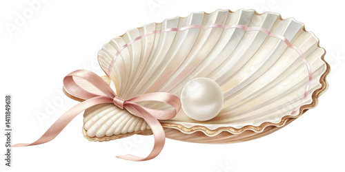Pearl in Seashell with Pink Ribbon, Digital Illustration, Isolated on Transparent Background, Seashell, Pearl, Ribbon, Ocean, illustration, graphic