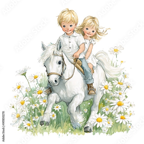 Two Children Riding a White Pony in a Field of Daisies. A charming illustration of a joyful childhood memory.