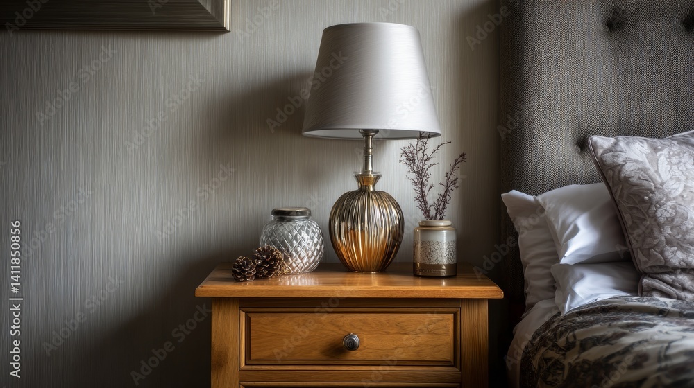 Side table with decor and lamp near bed in room. Interior design