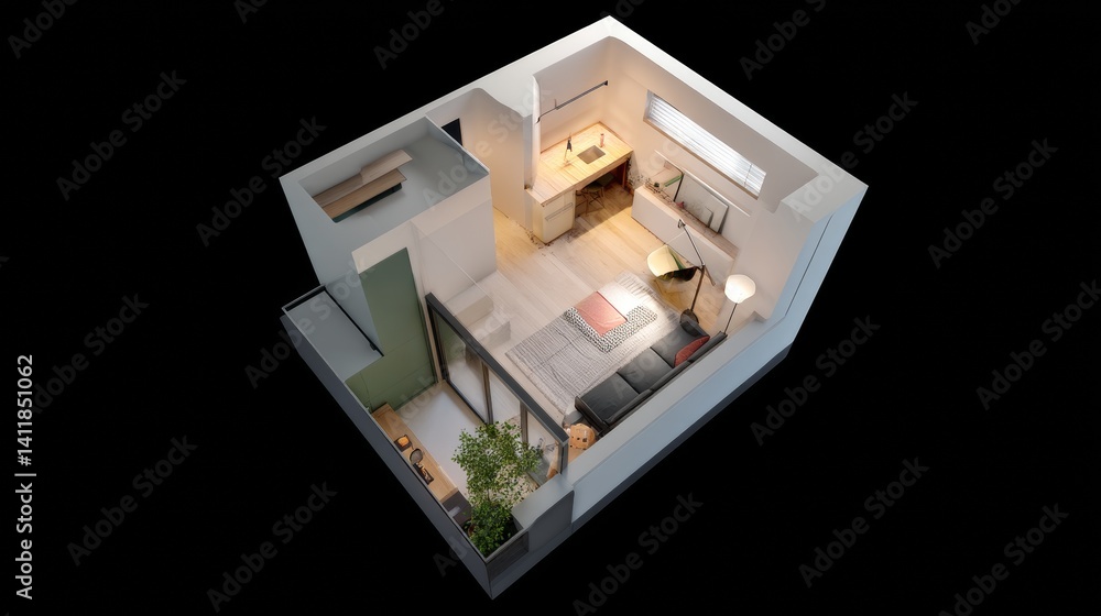 Small apartment design. The layout of the premises. Space zoning. View from above. 3D rendering.