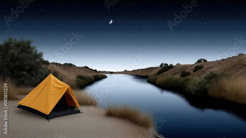 Serene Camping Scene with Yellow Tent by Calm River Under Starry Night Sky