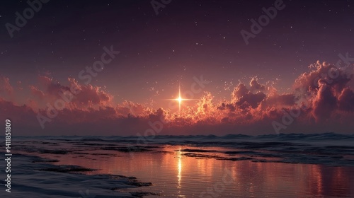 Stunning Sunset Over Calm Ocean with Twinkling Stars and Reflections on Water Surface