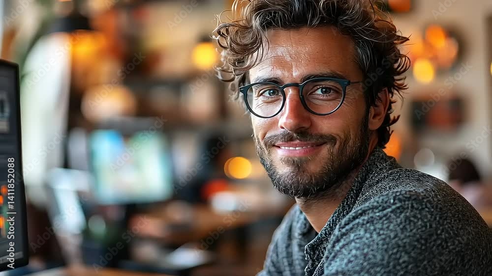 Young man with curly hair and glasses smiling warmly at a caf? with blurred background activity Young man with curly hair and glasses smiling warmly at a caf? with blurred background activity