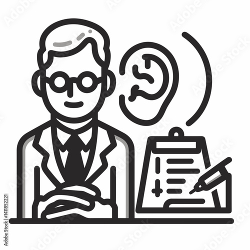 Audiologist consultation with image of audiologist and ear chart, hearing loss awareness concept