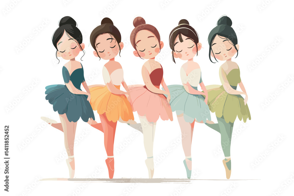 Obraz premium Vector illustration of five graceful ballerinas in pastel-colored tutus. Elegant poses and soft expressions in a charming and artistic composition