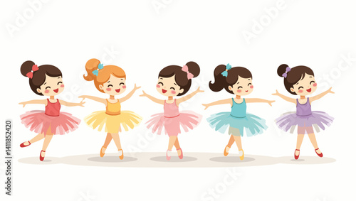 Vector cartoon of five little ballerinas dancing with open arms and smiling faces. Playful children’s illustration in soft and bright colors