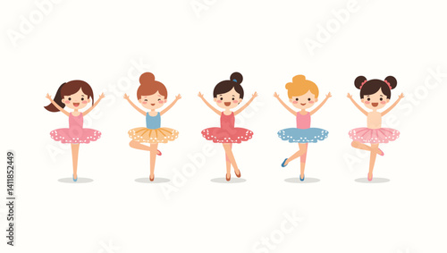 Vector cartoon of five cute young ballerinas dancing with joyful expressions. Fun and colorful characters in playful children’s illustration style
