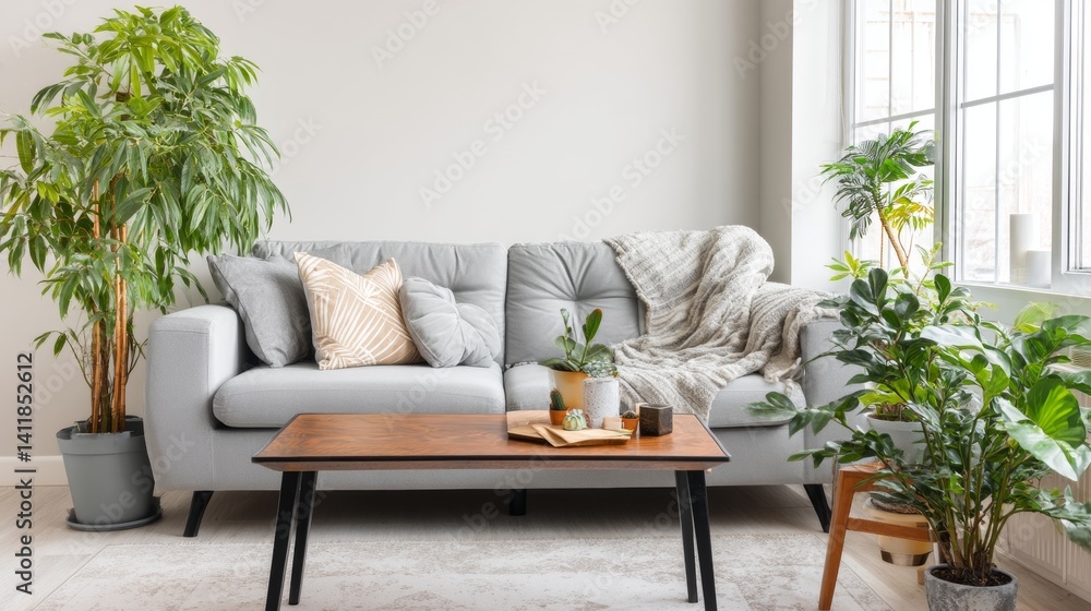 Interior of light living room with cozy grey sofa, houseplants and coffee table