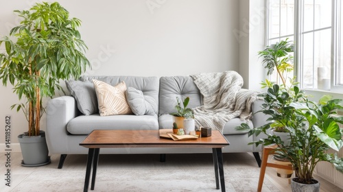 Interior of light living room with cozy grey sofa, houseplants and coffee table