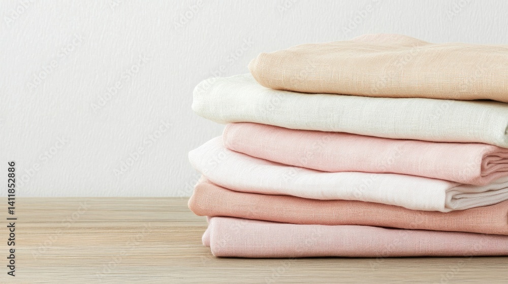 Soft Textiles Stacked Neatly on a Wooden Surface in Pastel Shades and Natural Lighting Soft Textiles Stacked Neatly on a Wooden Surface in Pastel Shades and Natural Lighting
