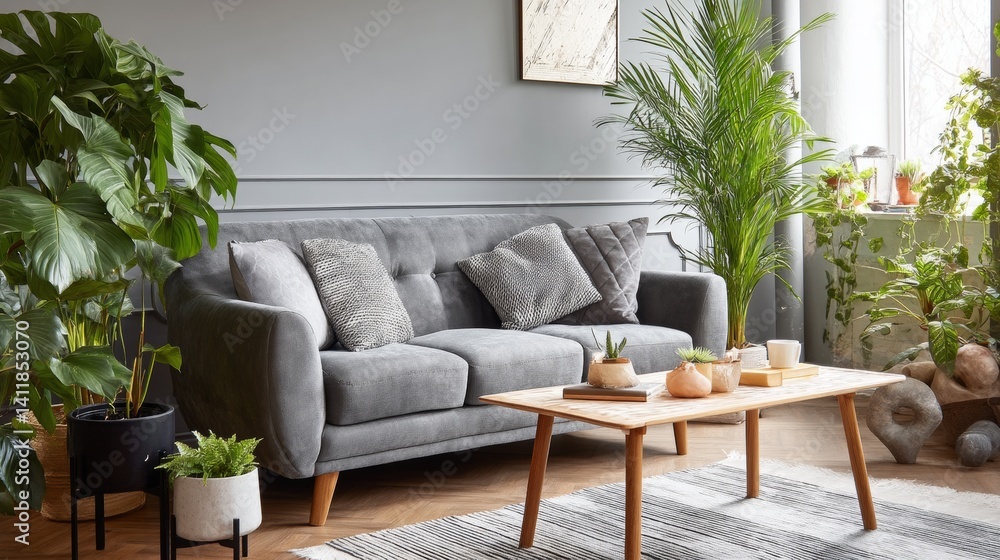 Interior of light living room with cozy grey sofa, houseplants and coffee table