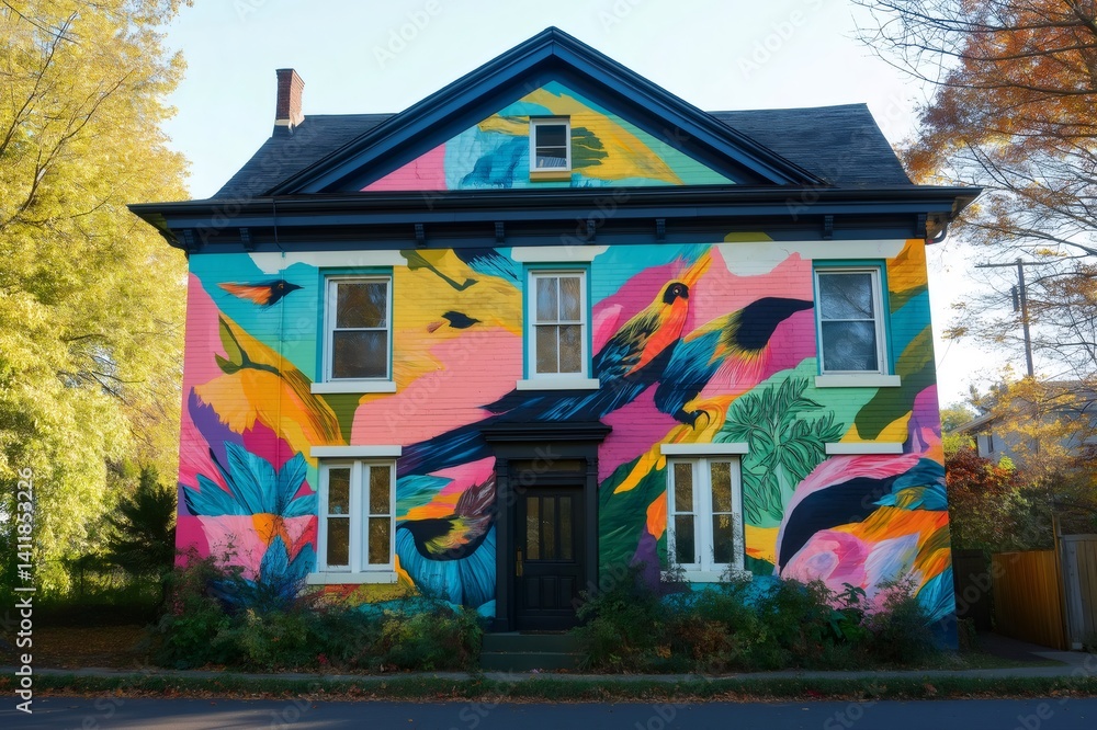 Vibrant mural art transforming a residential house into a colorful canvas, showcasing tropical birds and nature inspired design