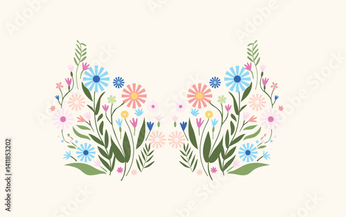 A vector illustration of women's breasts creatively formed by colorful flowers, representing femininity, nature, and beauty in a symbolic and artistic manner. Concept of body positivity and floral des