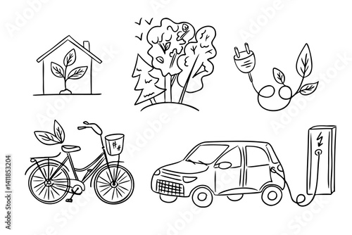 Set of eco-friendly doodles with electric car, bike, trees, house with plant and energy plug with leaves. Illustrates sustainability, green living and environmental responsibility in hand drawn style