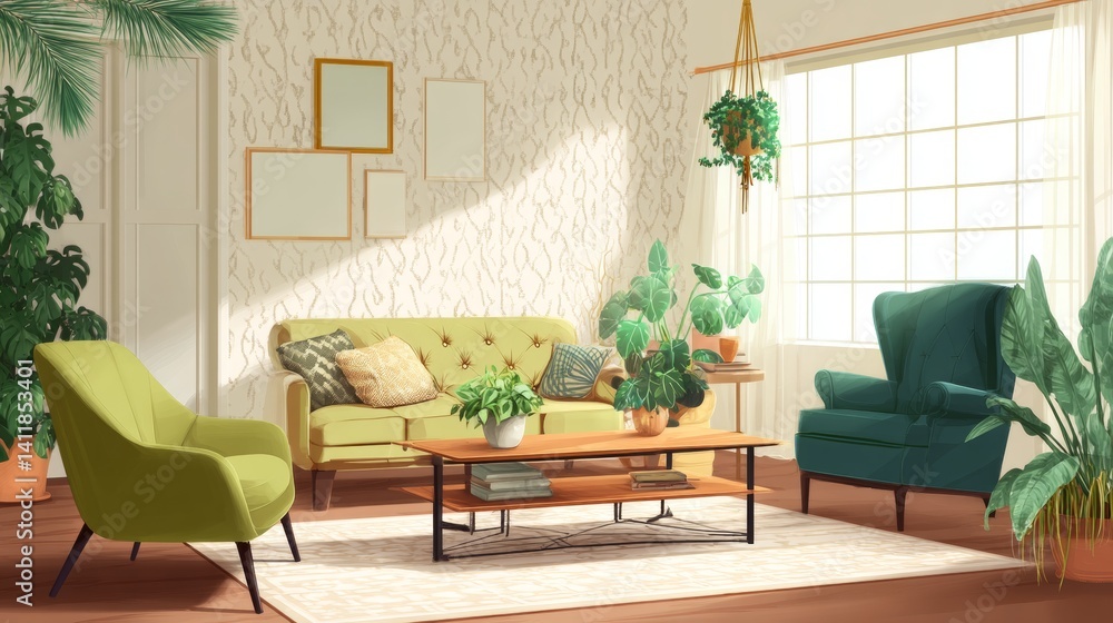 Stylish furniture and houseplants in light living room. Interior design