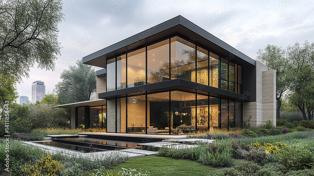 Fototapeta premium Modern minimalist home with large glass windows and lush garden