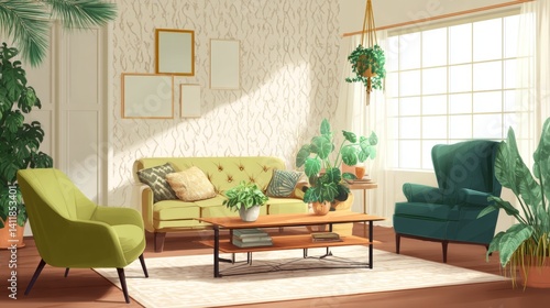 Obraz na płótnie Stylish furniture and houseplants in light living room. Interior design w salonie