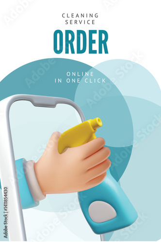 3D Hand with a sprayer comes out of the smartphone screen. Online order of cleaning services.