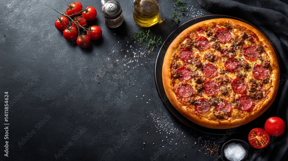 Pepperoni pizza with sausage, cheese, tomatoes, salt and spices on dark concrete background